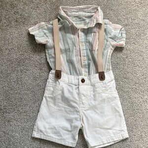 Carter's Striped Shirt and White Shorts Set with Suspenders
